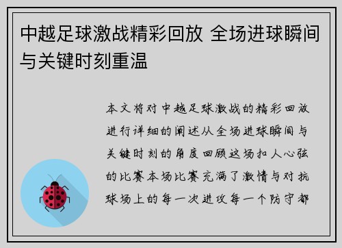 中越足球激战精彩回放 全场进球瞬间与关键时刻重温