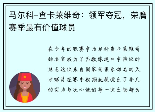 马尔科-查卡莱维奇：领军夺冠，荣膺赛季最有价值球员